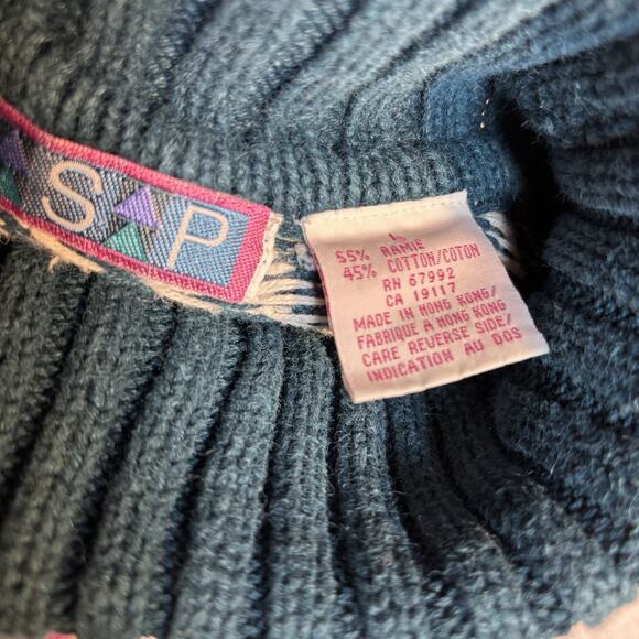 Vintage SSP Turtleneck Sweater L Ramie Cotton 80s 90s Teal Pink Purple RN 67992 - Picture 8 of 9